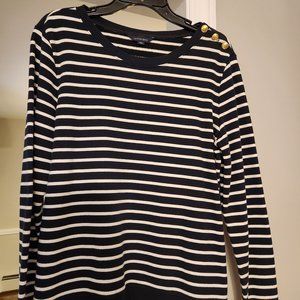 Womens Lands End Navy Blue and Whit Triped Top with Gold Button Detail Size M
